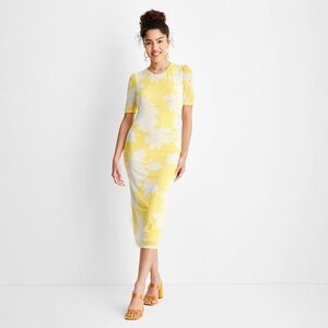 Future collective sheer yellow floral midi dress elbow sleeve XXS NWOT